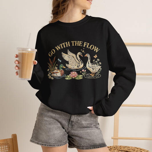 Crewneck Sweatshirt — 'Go With The Flow' Swan Floral Graphic