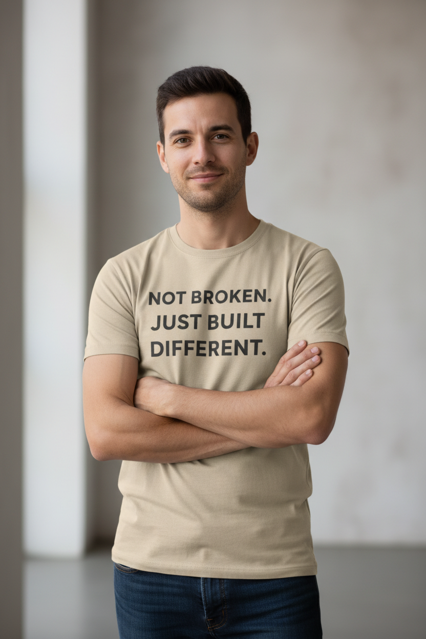 Man wearing Not Broken Just Built Different sand premium neurodivergent tee