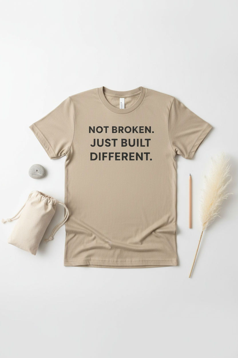 Flat lay of Not Broken Just Built Different sand premium neurodivergent tee