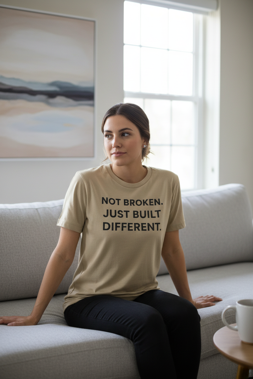 Woman wearing Not Broken Just Built Different sand premium neurodivergent tee indoors