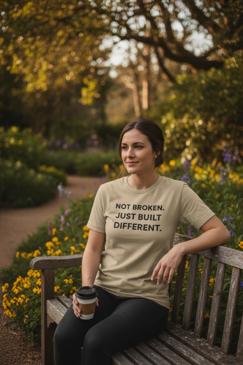 Woman outdoors wearing Not Broken Just Built Different sand tee
