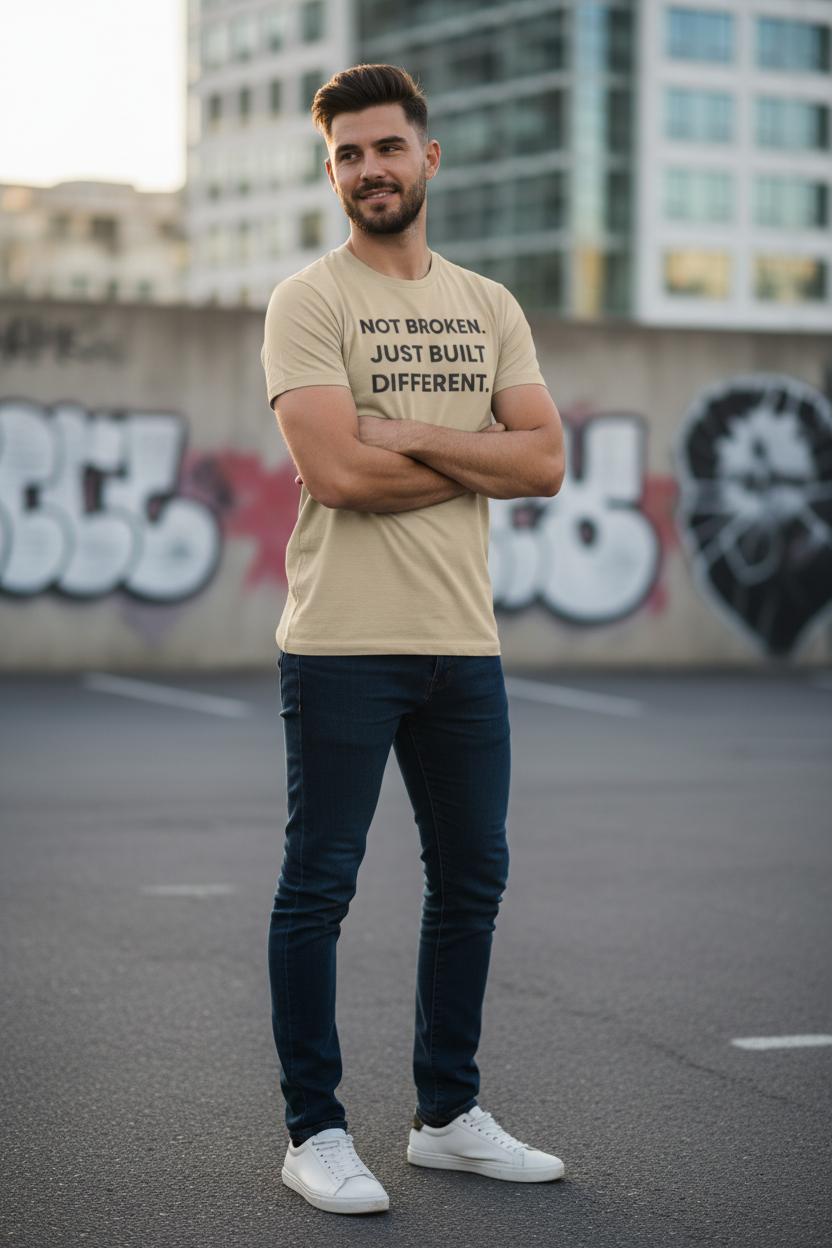 Man outdoors wearing Not Broken Just Built Different sand neurodivergent tee
